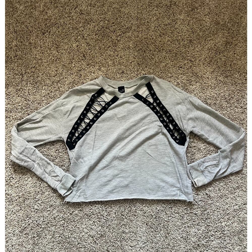 Cropped Sweater Large Long Sleeve Lace-Up Gray Crew Neck Grunge 90s Corset Y2K